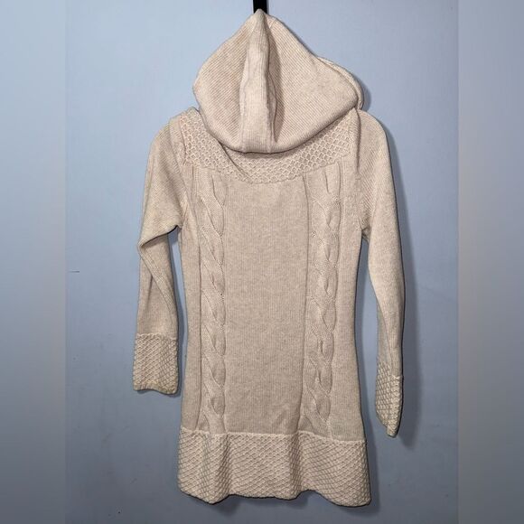 Athleta Beige Cable Knit Hooded Long Cardigan Small cotton/cashmere blend * Flaw - Picture 7 of 9